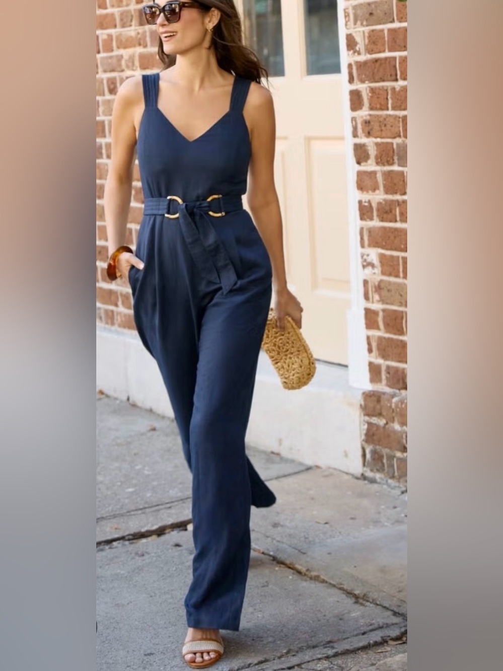 J. McLaughlin Navy Belted Sleeveless Wide-Leg Jumpsuit with Gold Buckle